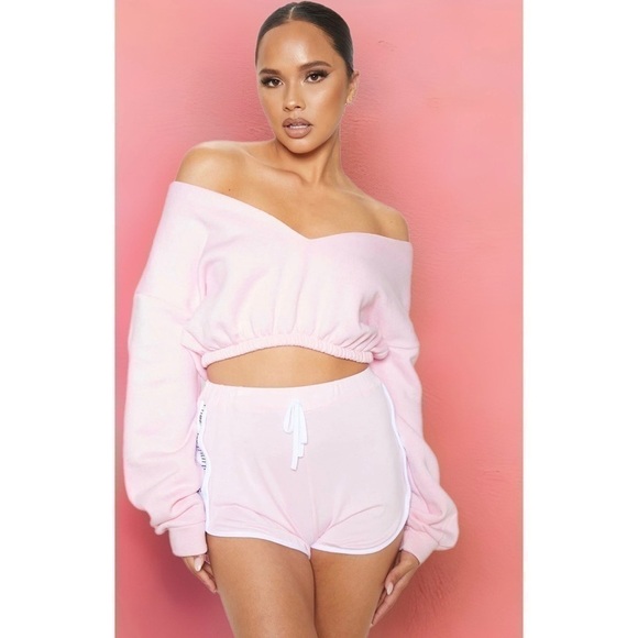 Pretty Little Thing Pastel Light Pink Off The Shoulder Crop Sweatshirt Sz Large - Picture 4 of 11